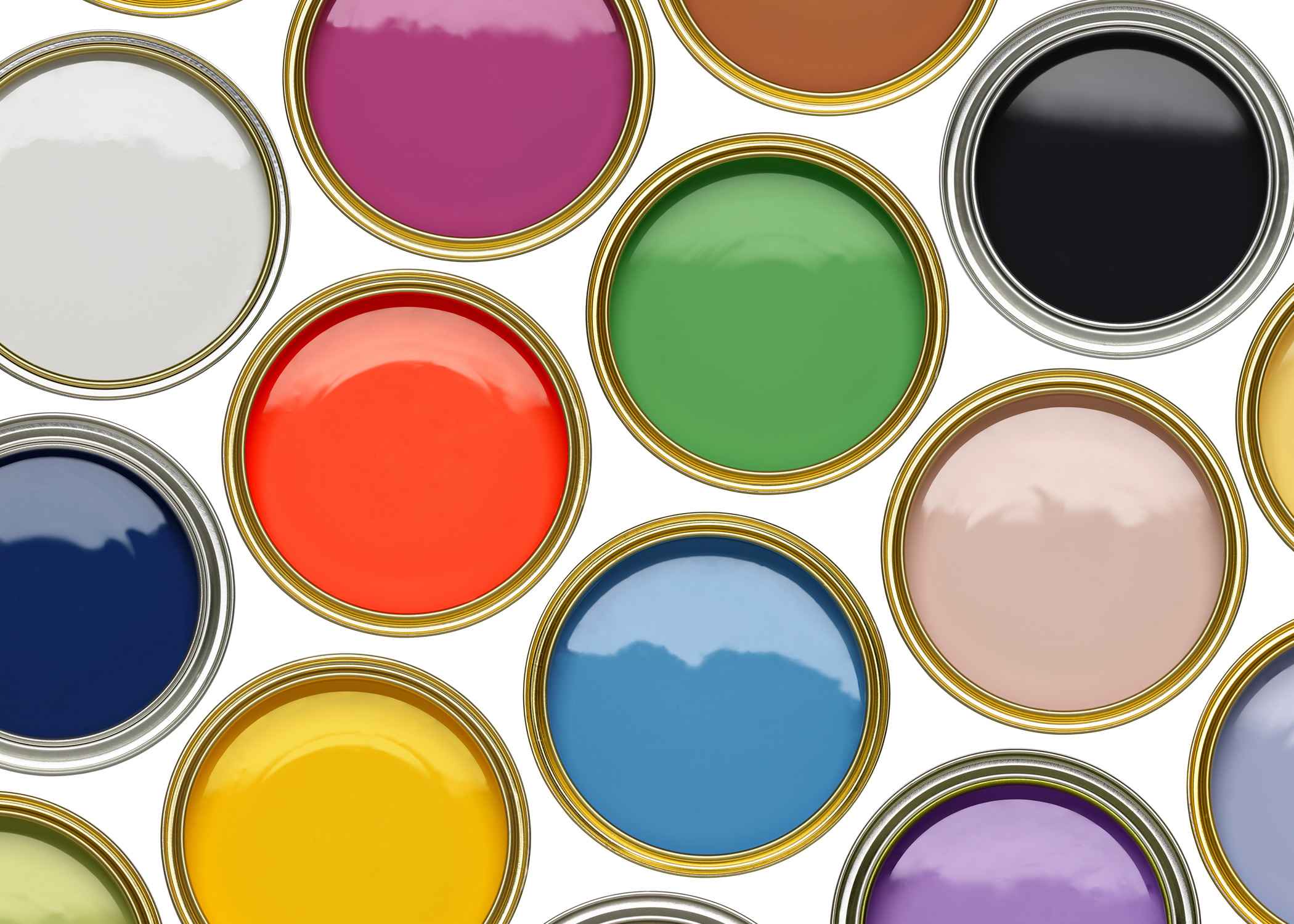 Open paint cans arranged in a pattern, showing a variety of bright, bold colours.